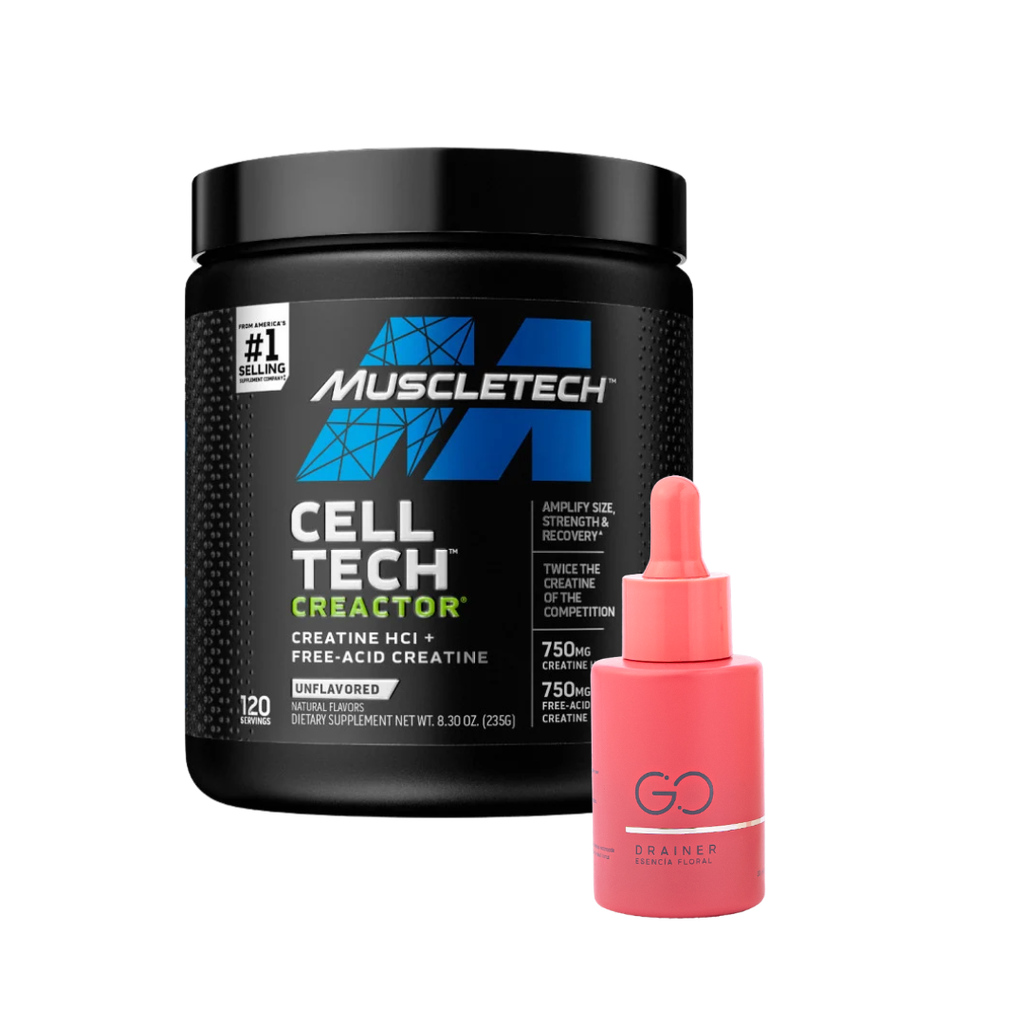 Creatina HCL cell tech + Pre-Entreno radical caja + go drainer