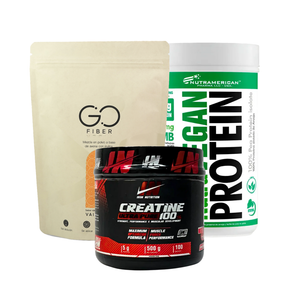 Proteína Nutra vegan 1 lb + Creatina Iron nutrition 100 serv + Go Fiber
