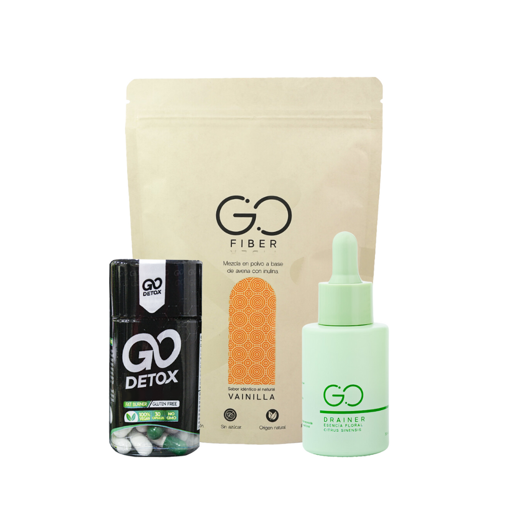 Tripleta Go Detox (Go Detox 30 caps + Go Drainer 30ml + Go Fiber 300 gr) + CEPILLO PLANCHA GRATIS - Tripleta con Drenador limón / Vainilla