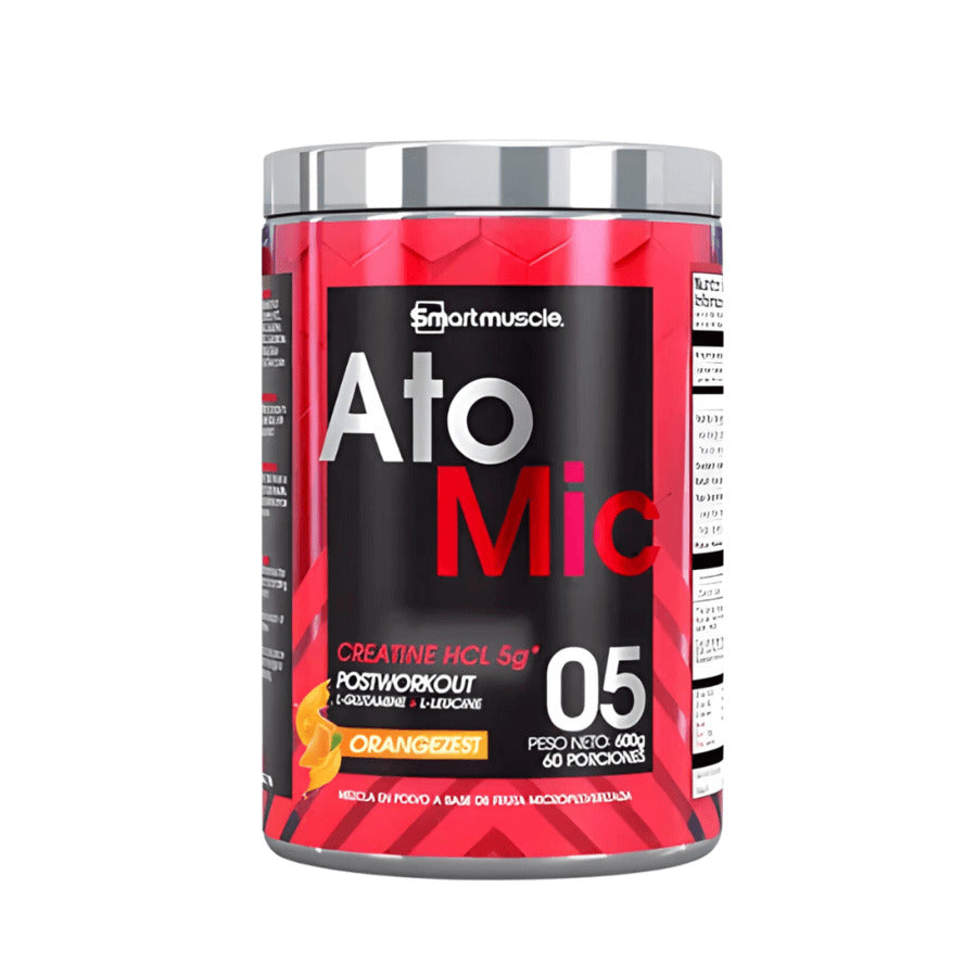 Creatina HCL atomic smart muscle 600g - Envase de creatina HCL Atomic Smart Muscle sabor naranja.