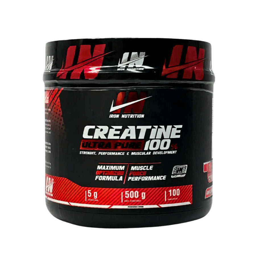 Creatina monohidratada ultra pura iron nutrition 500g - Envase de creatina ultra pura Iron Nutrition 500g.
