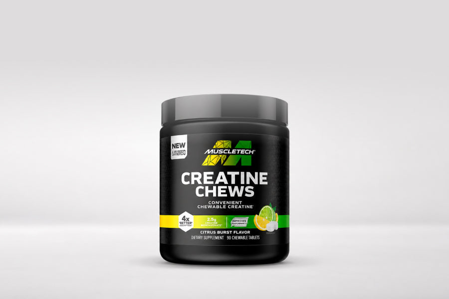 Creatina en Gomitas - Envase negro de creatina en tabletas masticables sobre fondo blanco.