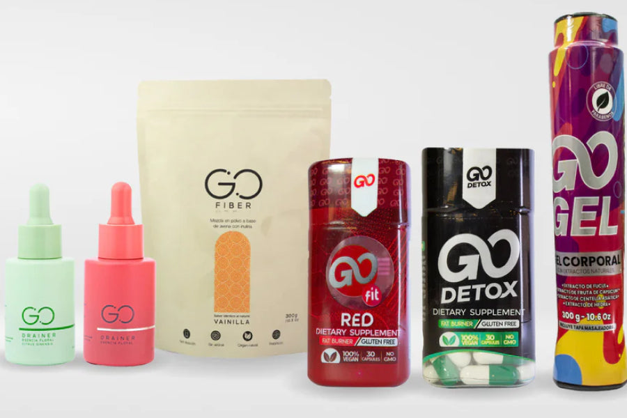 Suplementos GO: goteros drenantes, fibra, detox, quemador y gel corporal en envases variados.
