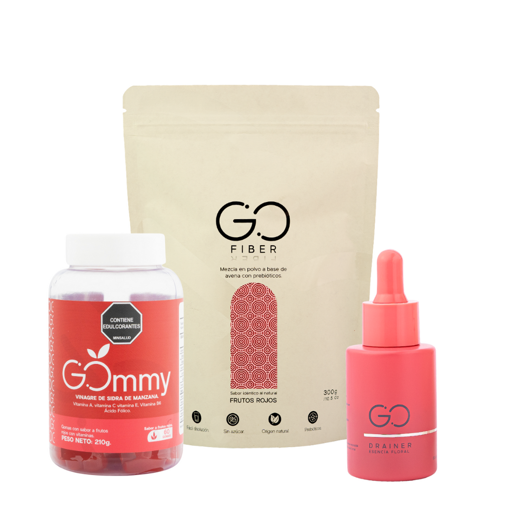 Tripleta Gommy (Gomas de vinagre de manzana + Go Fiber Fibra de origen natural + Go Drainer) - Frutos rojos / Tradicional