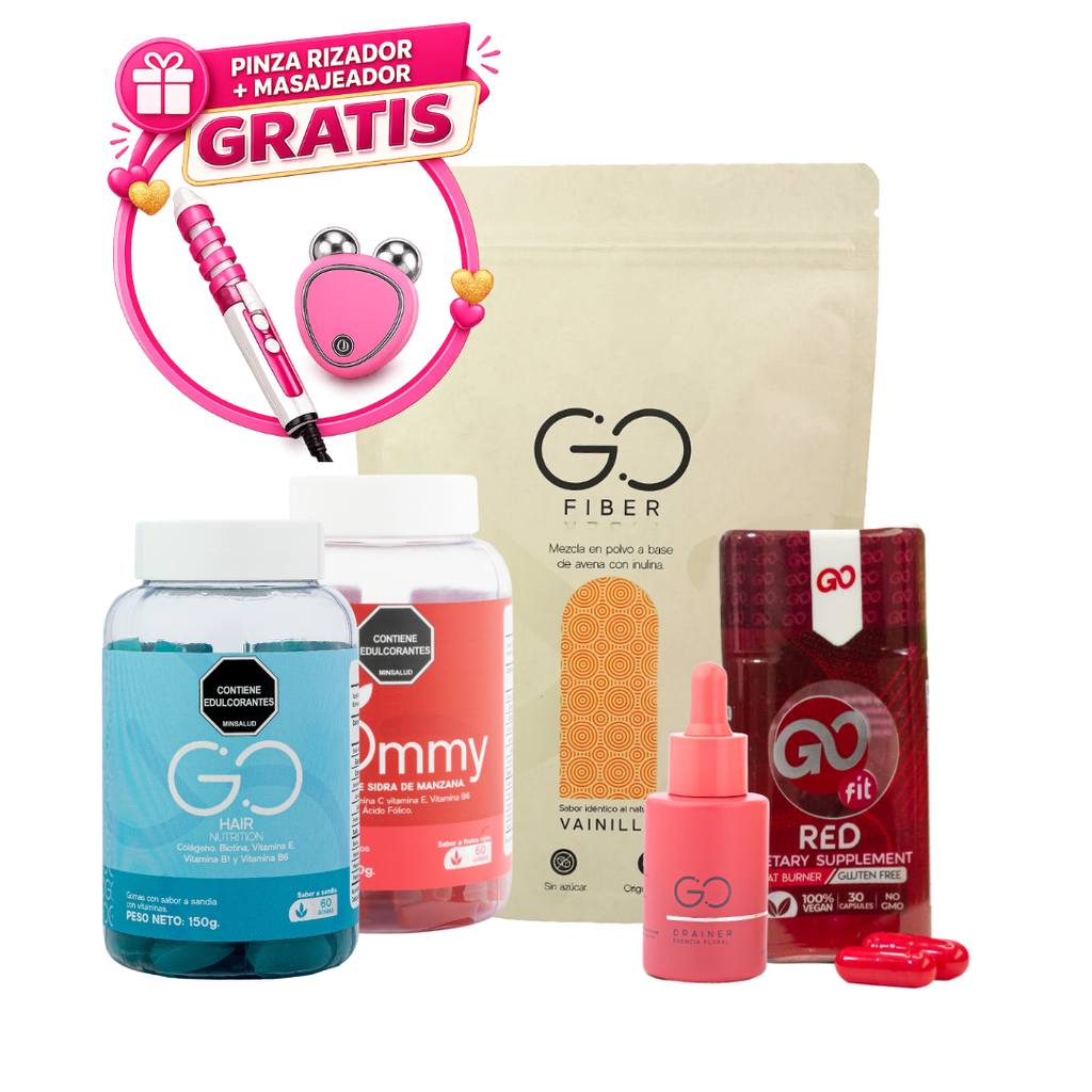 Combo: Pinza rizadora y masajeador facial GRATIS – Fibra + Go Fit Red + Drenador + Go Hair + Gommy