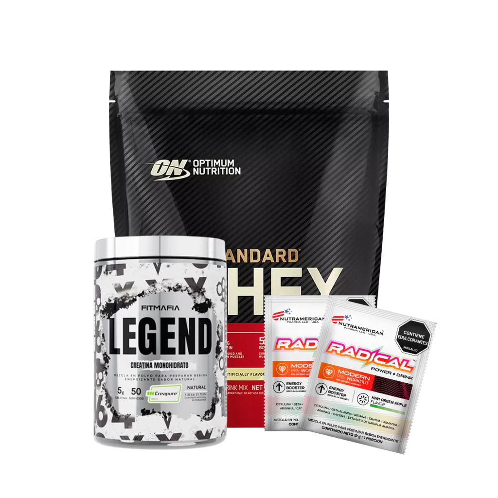 COMBO: Proteina Gold Standard Whey 1.5LB+ LEGEND (Creapure®) 50 serv + 2 sachets Radical