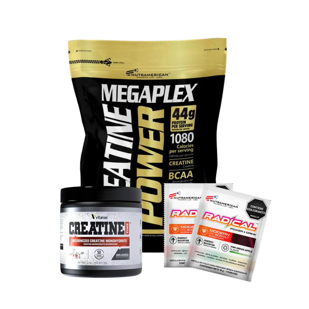 💥 COMBO MAXIMIZADOR: Megaplex Creatine Power 10LB + Creatine Time vitanas (50 ser) + 2 sachets Radical