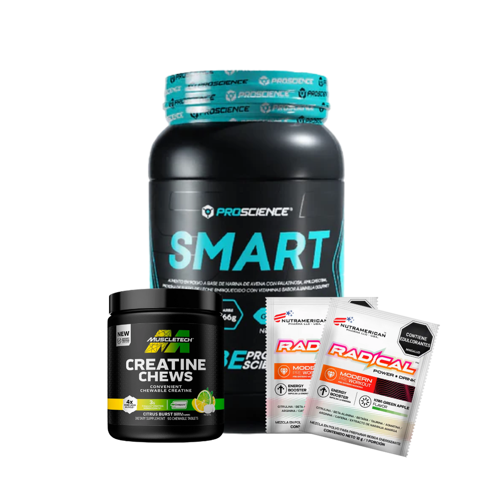 COMBO: proteina SMART 3lb + Creatine Chews muscletech + 2 sachets Radical
