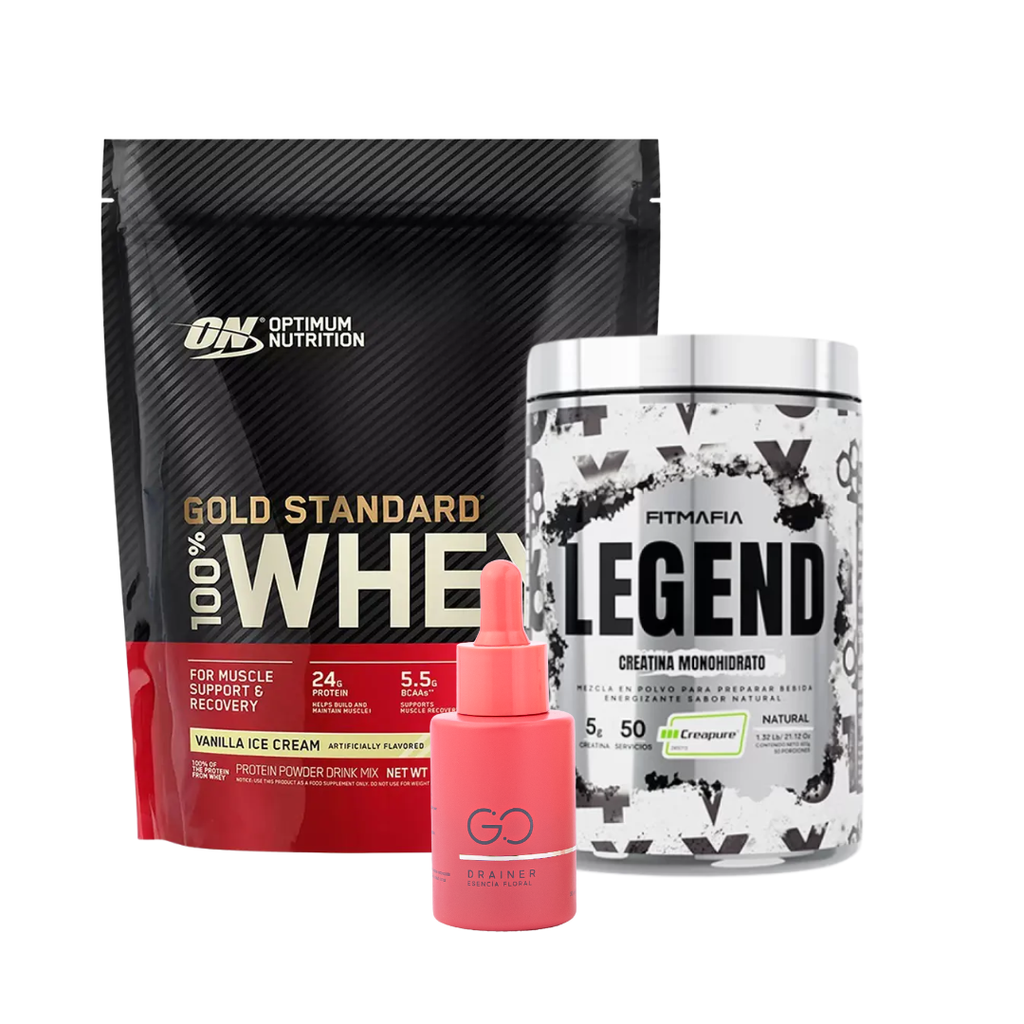 Proteina gold standard whey + creatina legend 50 serv + go drainer