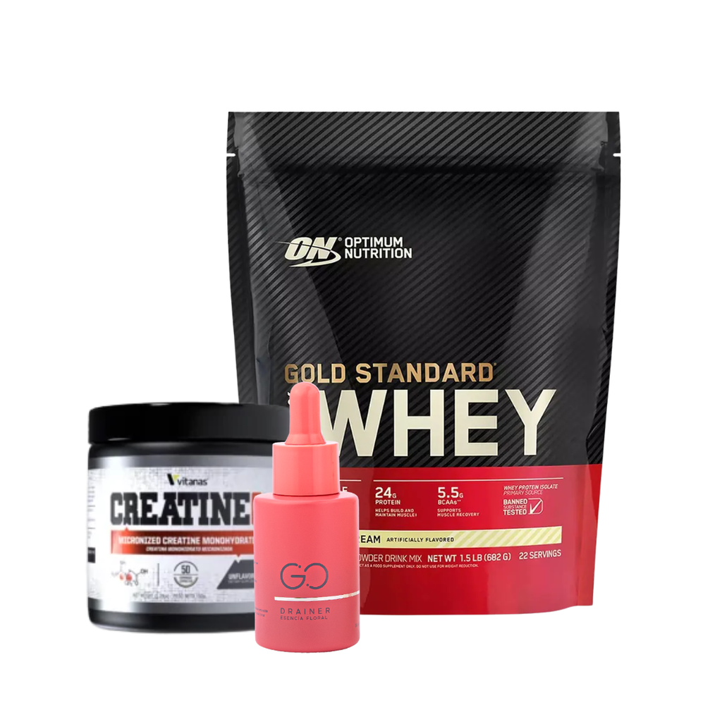 Proteína gold standard whey 1.5lb + go drainer + Creatina vitanas 50 serv