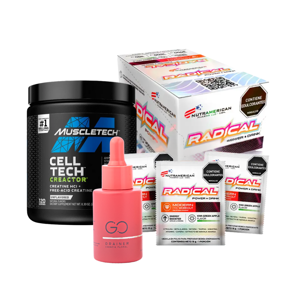 Creatina HCL cell tech  + Pre-Entreno radical caja + go drainer