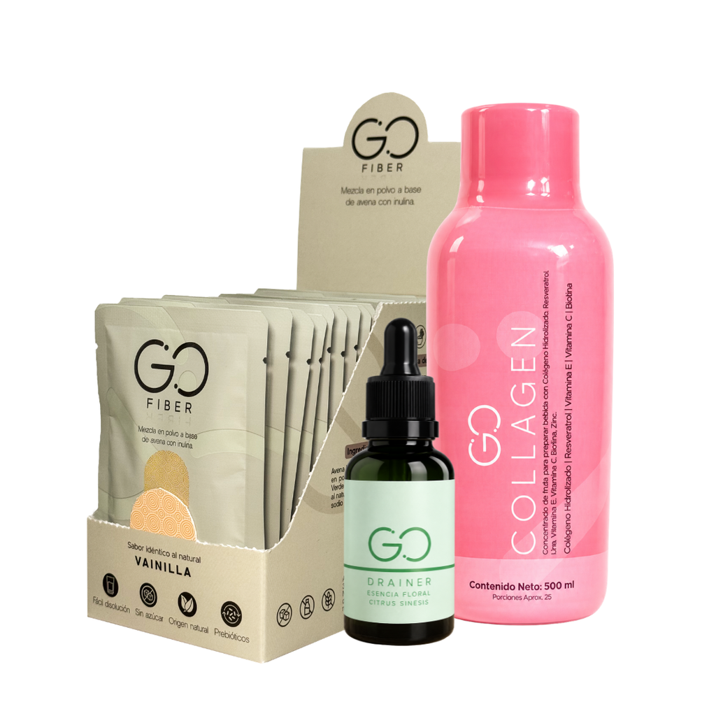 Combo Fibra en caja 20 Sachets + Go Drainer 30ml  + Gollagen 500ml
