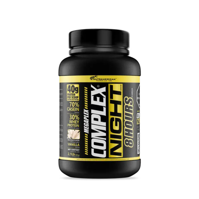 Proteína Caceinato de Calcio Nutramerican 2lb 17 Servicios - Proteína Megaplex Complex Night 8 Hours sabor vainilla.
