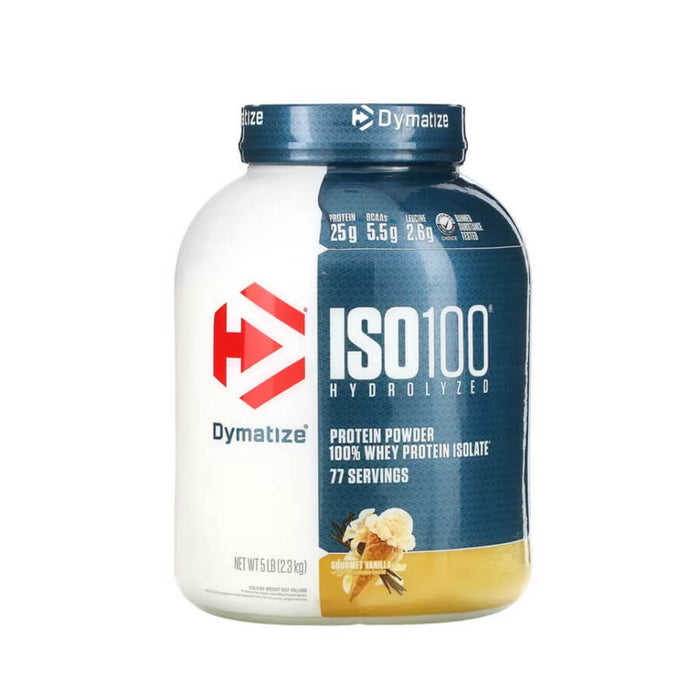 Proteína Hidrolizada Whey Isolate Dymatize 5lb 77 Servicios - Suplemento de proteína Dymatize ISO100 sabor vainilla.