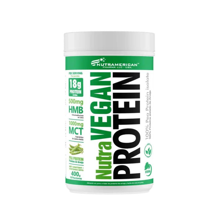 Proteína Vegana Nutramerican 400g 16 Servicios - Proteína vegana NutraVegan con HMB y MCT, sabor natural.

